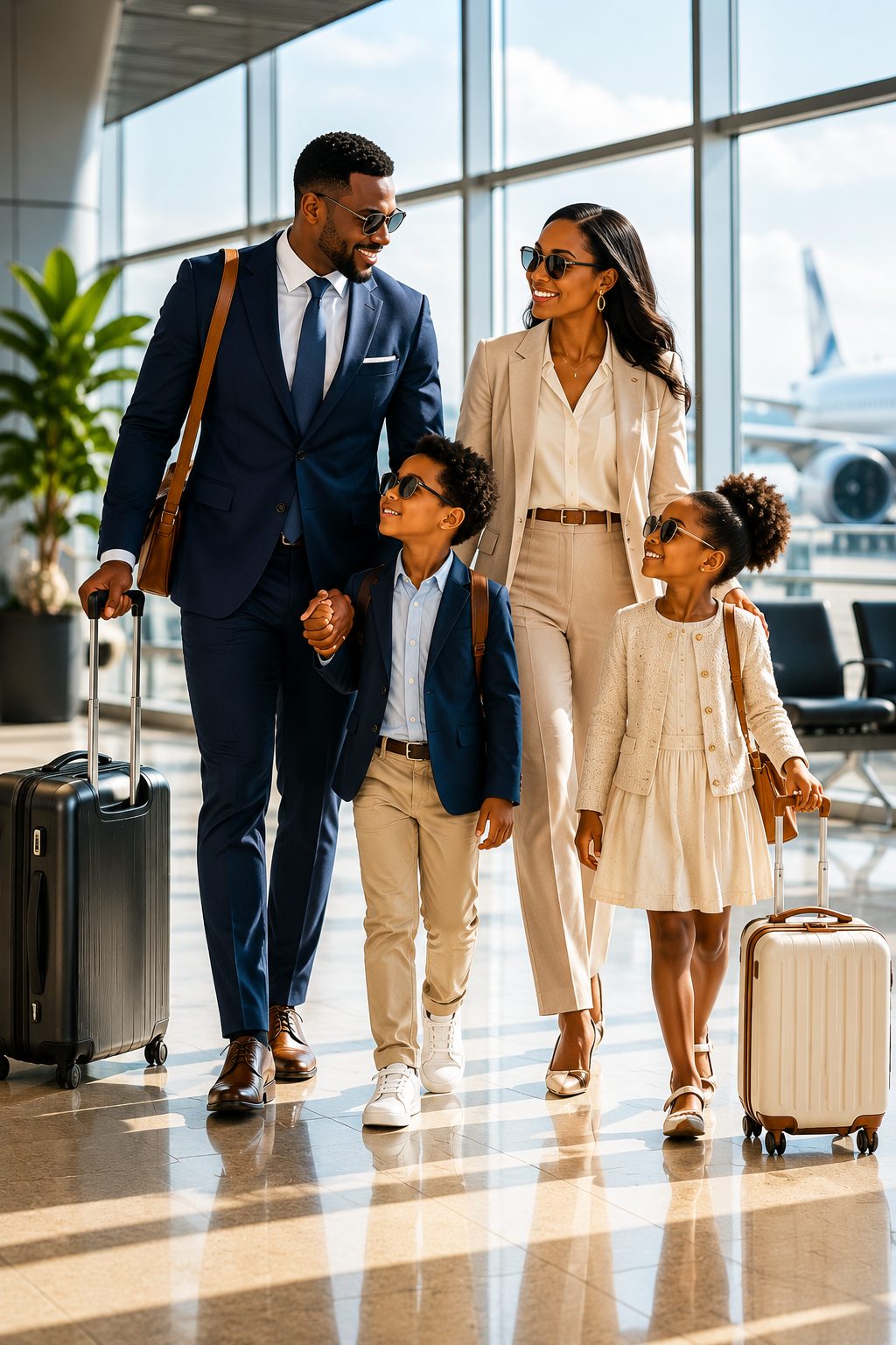 African family travelling through a modern airport