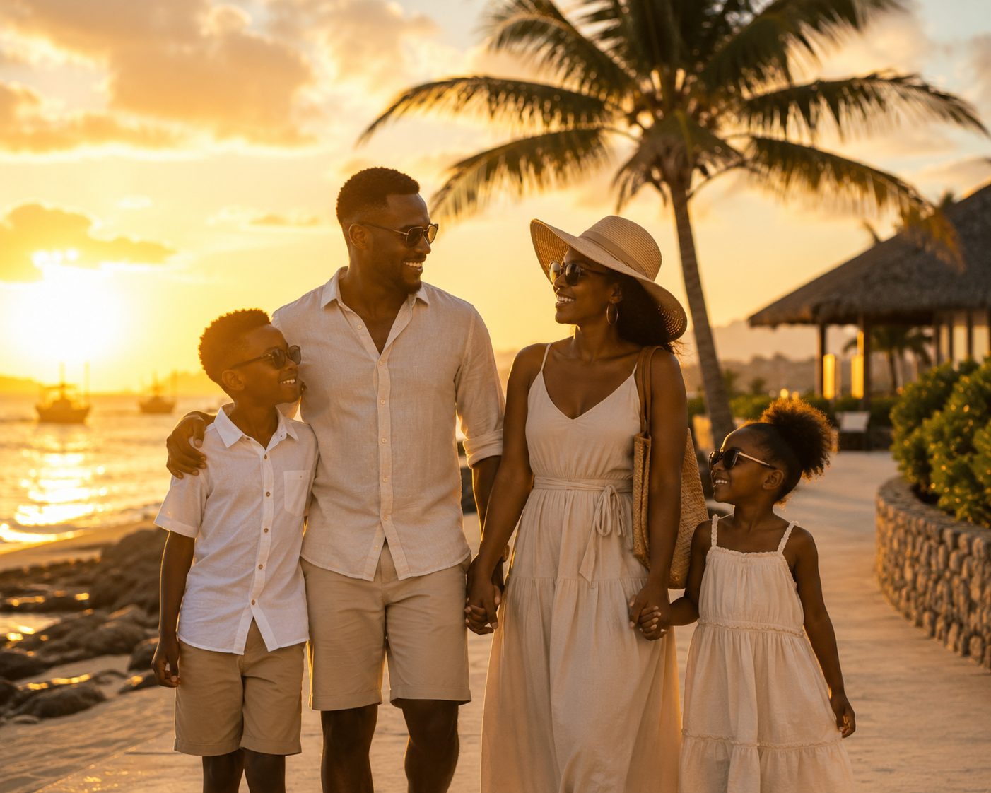 African family at a coastal resort at sunset