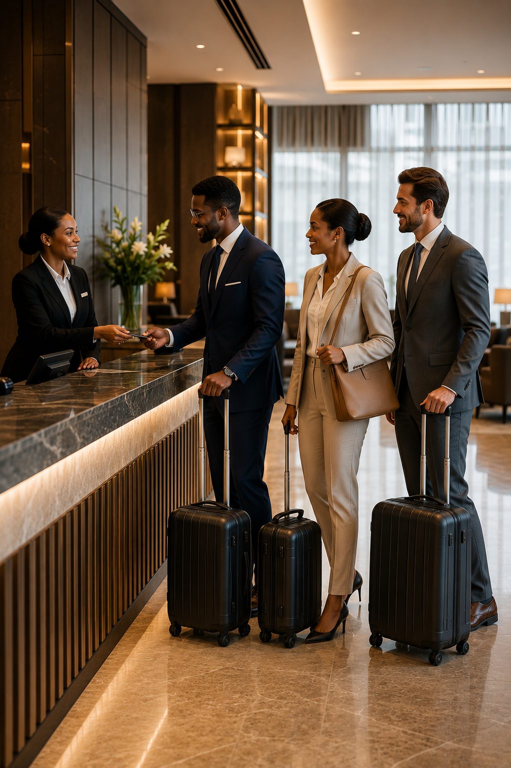 Business travellers checking into a premium hotel