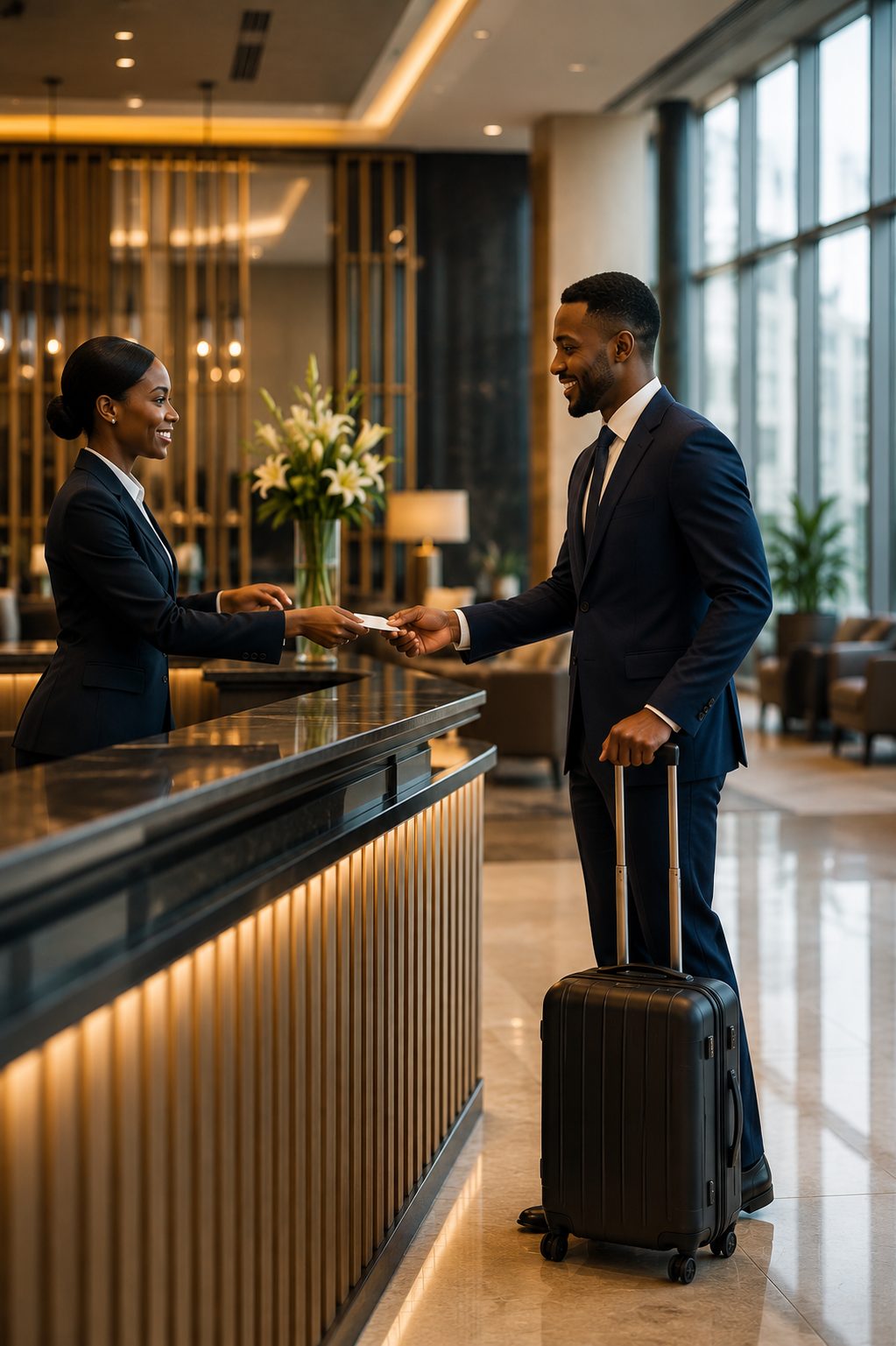 African business traveller arriving at a premium hotel