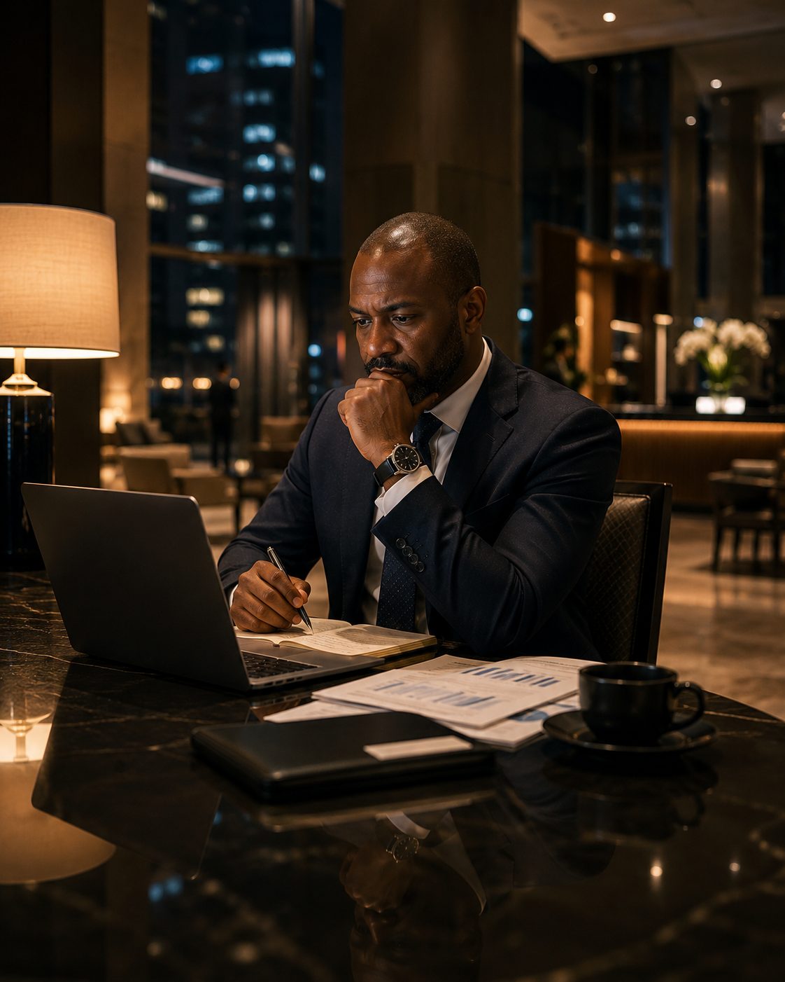 African executive reviewing business information
